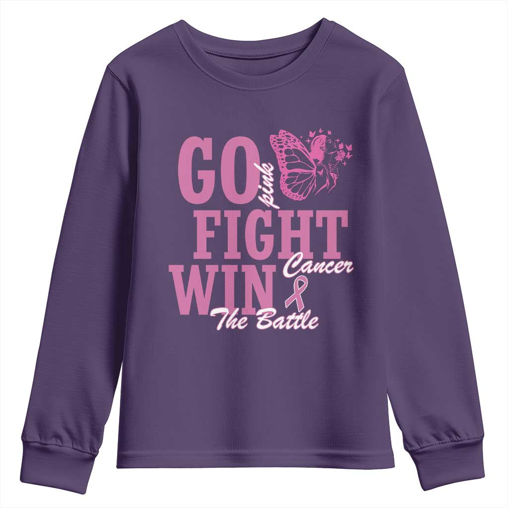 Breast Cancer Support Youth Sweatshirt Go Pink Fight Cancer Win The Battle Pink Ribbon Butterfly