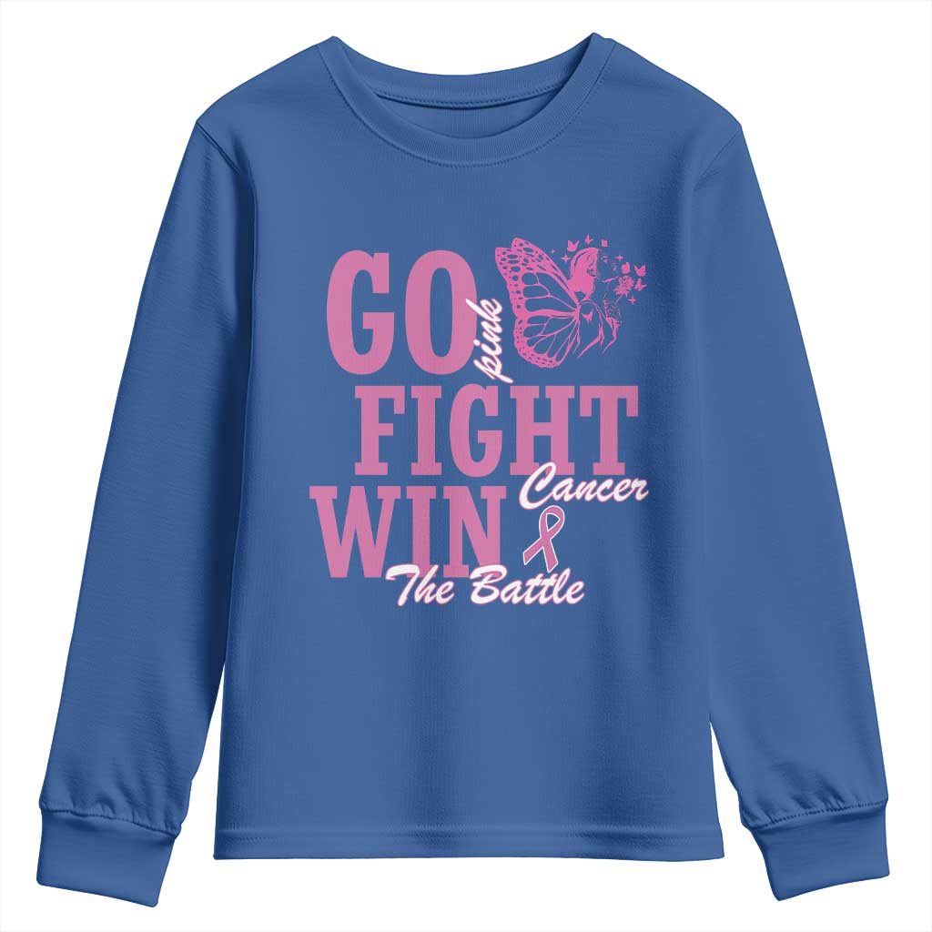 Breast Cancer Support Youth Sweatshirt Go Pink Fight Cancer Win The Battle Pink Ribbon Butterfly