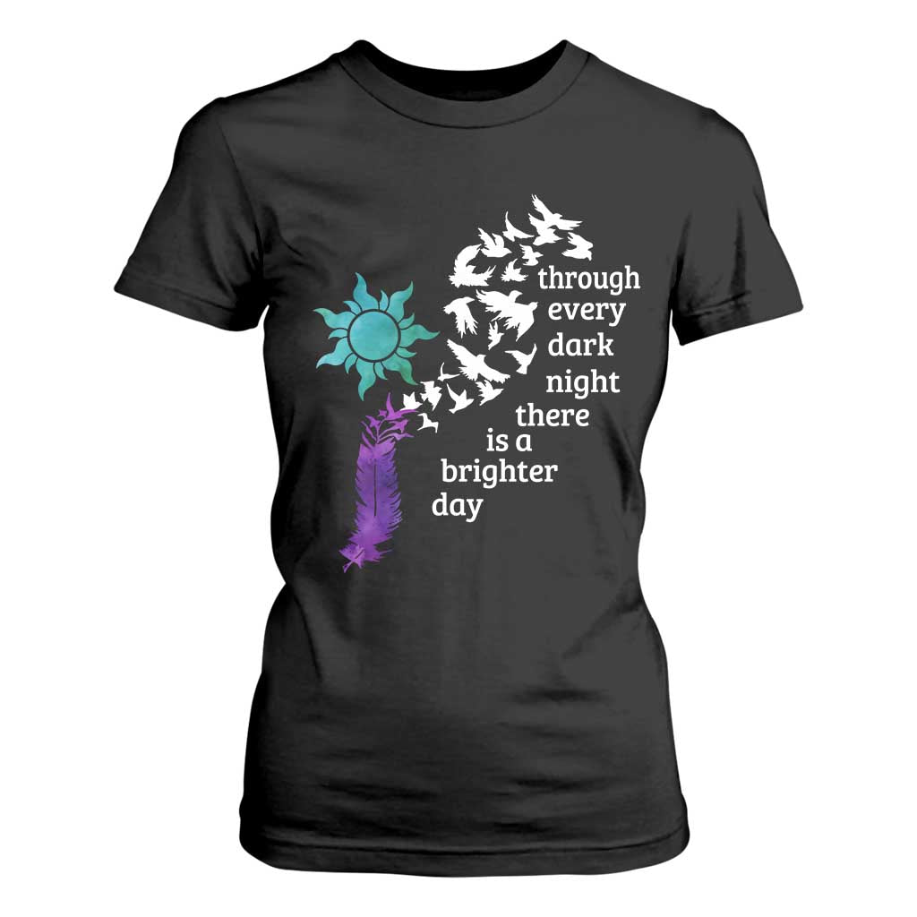 Suicide Prevention Support T Shirt For Women Semicolon Sun Feathers Brighter Day