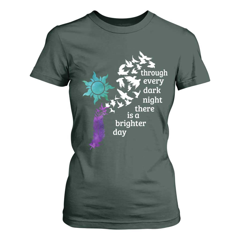 Suicide Prevention Support T Shirt For Women Semicolon Sun Feathers Brighter Day