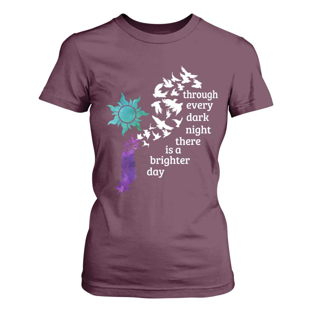 Suicide Prevention Support T Shirt For Women Semicolon Sun Feathers Brighter Day