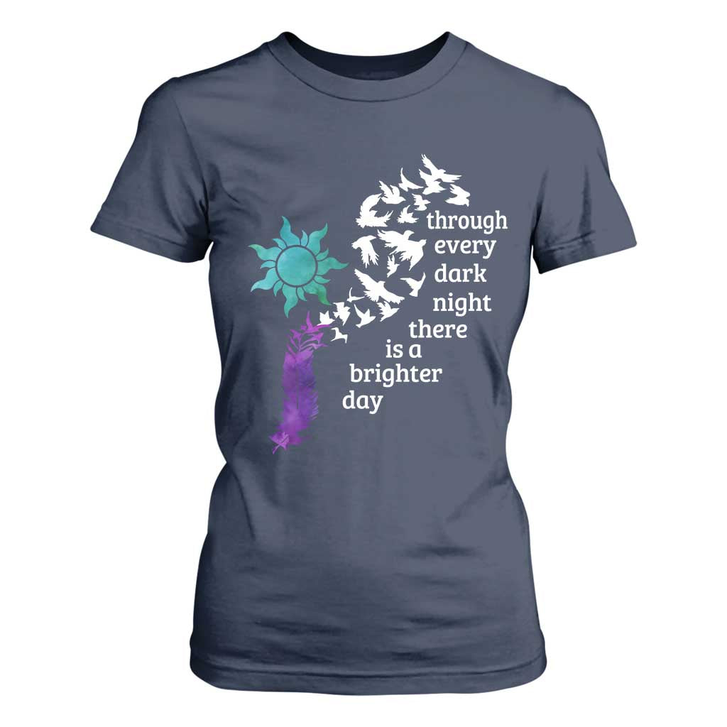 Suicide Prevention Support T Shirt For Women Semicolon Sun Feathers Brighter Day