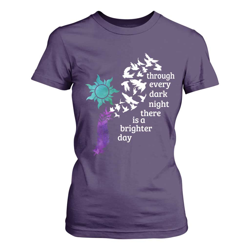 Suicide Prevention Support T Shirt For Women Semicolon Sun Feathers Brighter Day