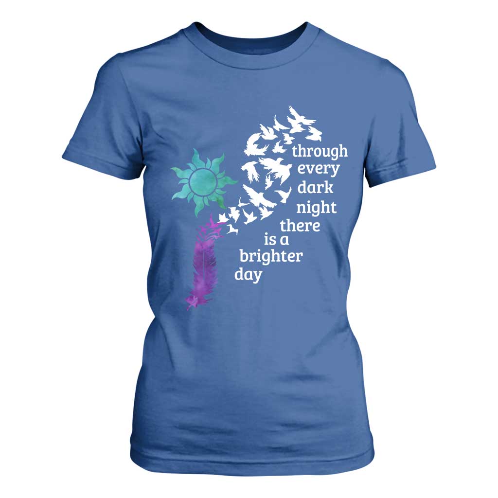 Suicide Prevention Support T Shirt For Women Semicolon Sun Feathers Brighter Day