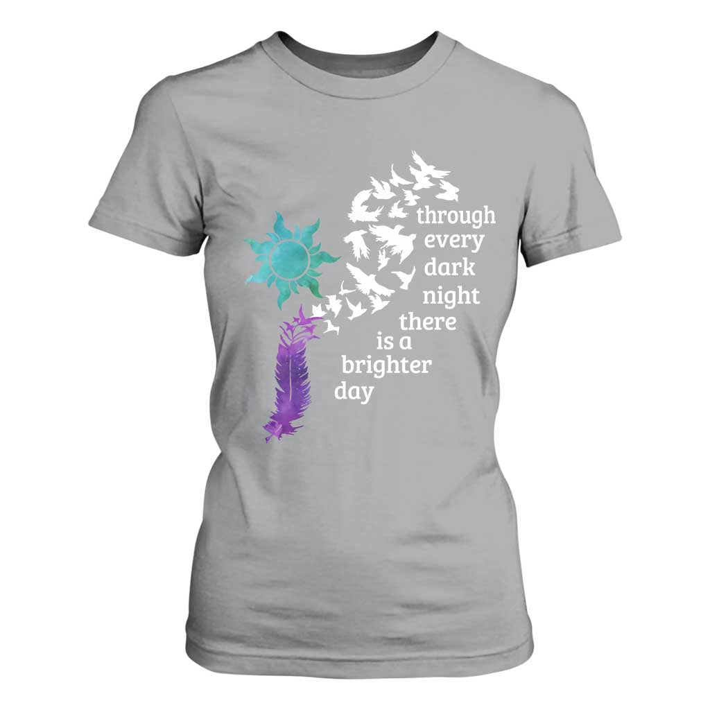 Suicide Prevention Support T Shirt For Women Semicolon Sun Feathers Brighter Day