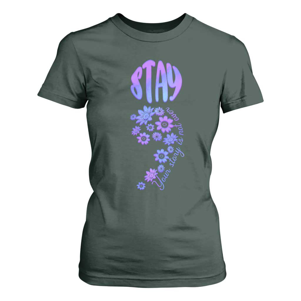 Suicide Prevention Support T Shirt For Women Stay Your Story Is Not Over Semicolon Flower