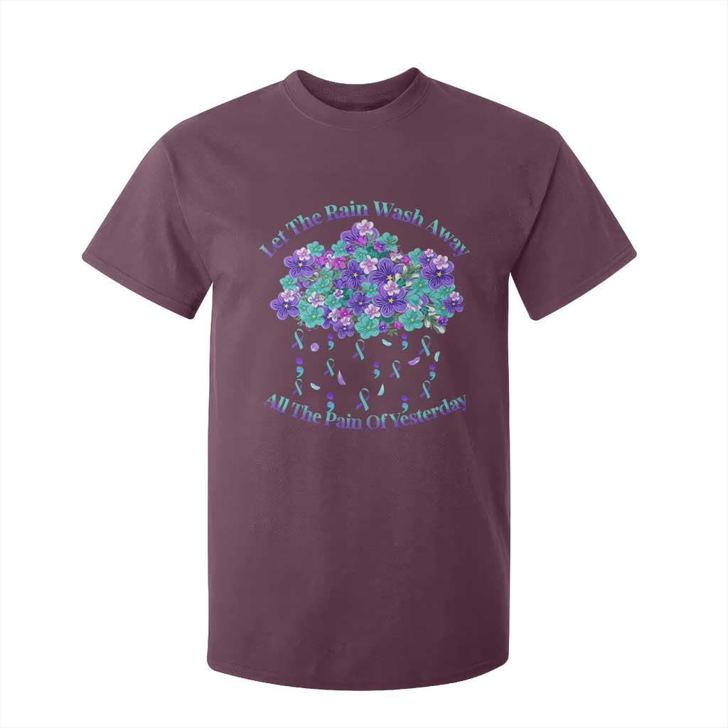 Suicide Prevention Support T Shirt For Kid Semicolon Flower Cloud Rain Wash Away Pain