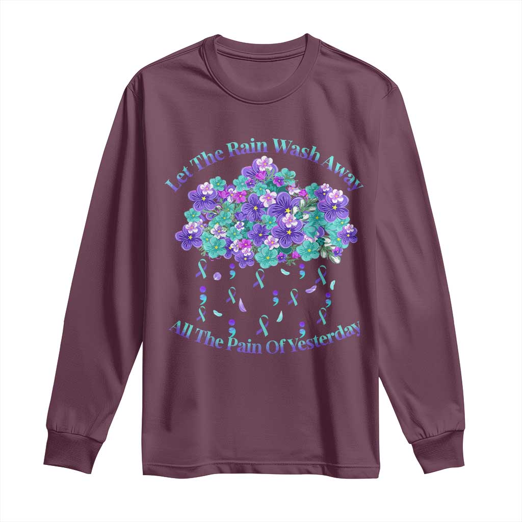 Suicide Prevention Support Long Sleeve Shirt Semicolon Flower Cloud Rain Wash Away Pain