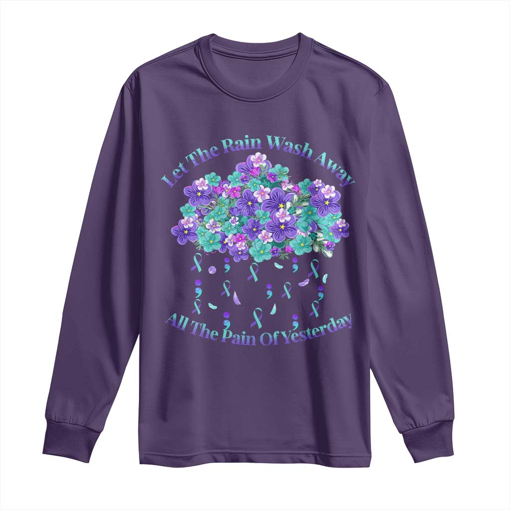 Suicide Prevention Support Long Sleeve Shirt Semicolon Flower Cloud Rain Wash Away Pain