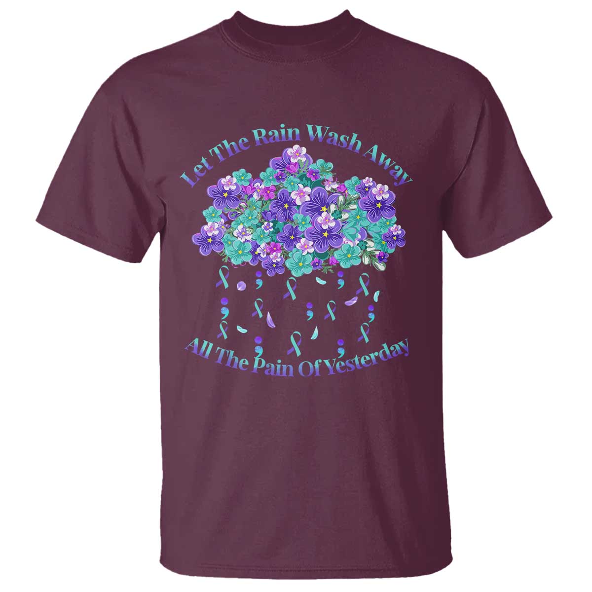 Suicide Prevention Support T Shirt Semicolon Flower Cloud Rain Wash Away Pain