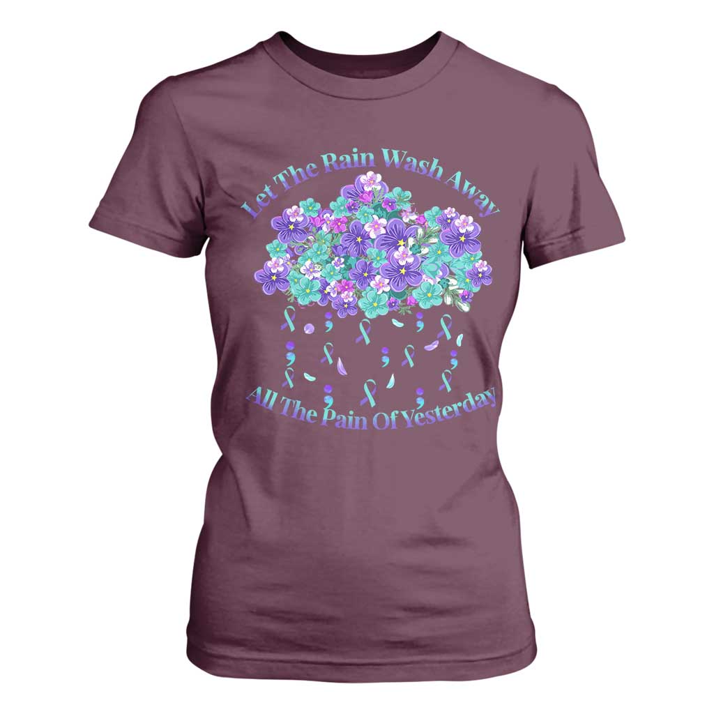 Suicide Prevention Support T Shirt For Women Semicolon Flower Cloud Rain Wash Away Pain