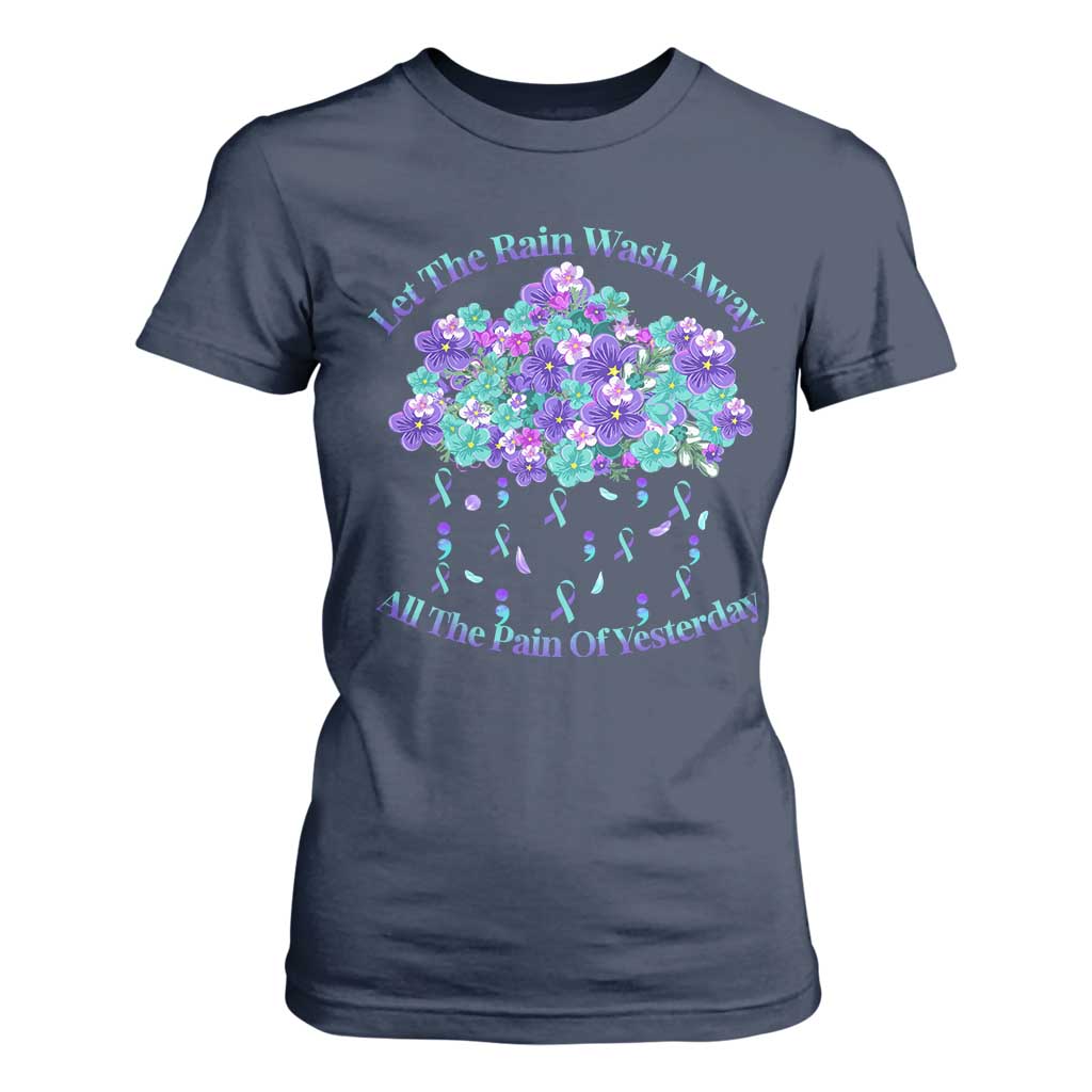 Suicide Prevention Support T Shirt For Women Semicolon Flower Cloud Rain Wash Away Pain