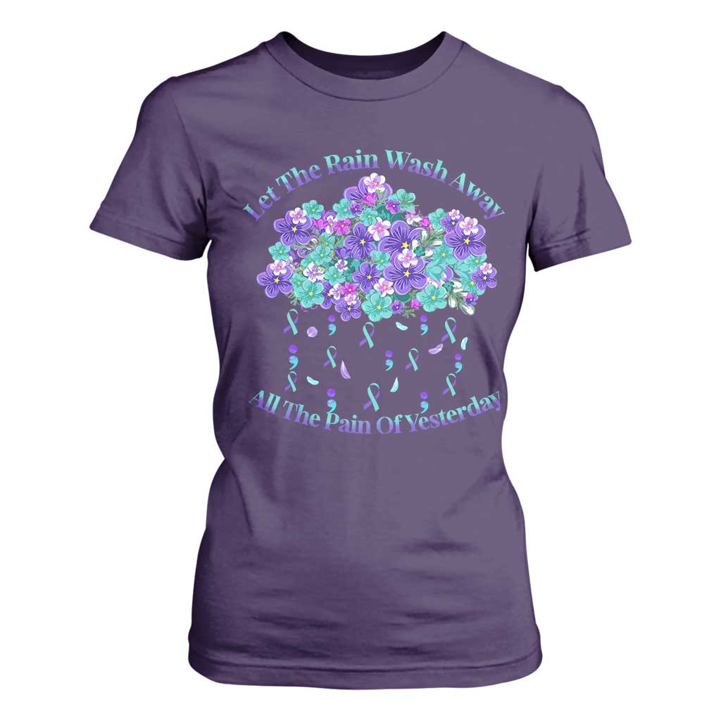 Suicide Prevention Support T Shirt For Women Semicolon Flower Cloud Rain Wash Away Pain