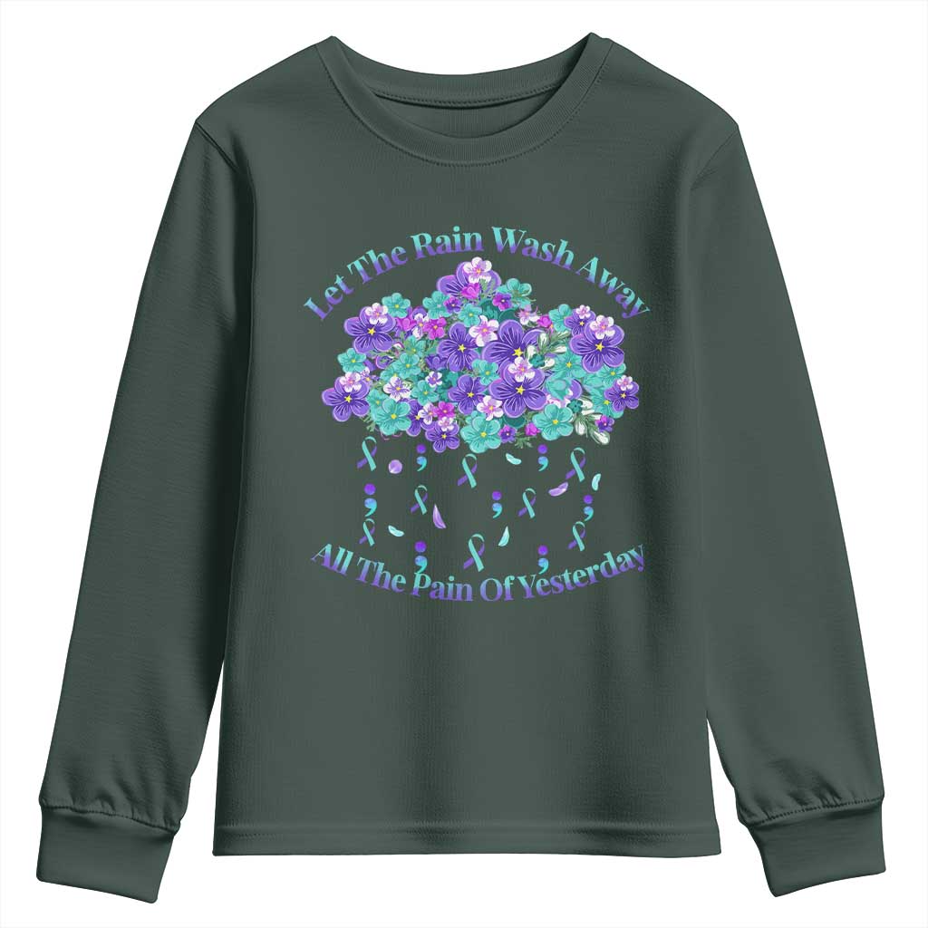 Suicide Prevention Support Youth Sweatshirt Semicolon Flower Cloud Rain Wash Away Pain