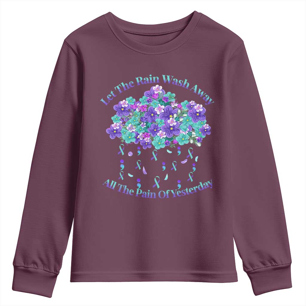 Suicide Prevention Support Youth Sweatshirt Semicolon Flower Cloud Rain Wash Away Pain