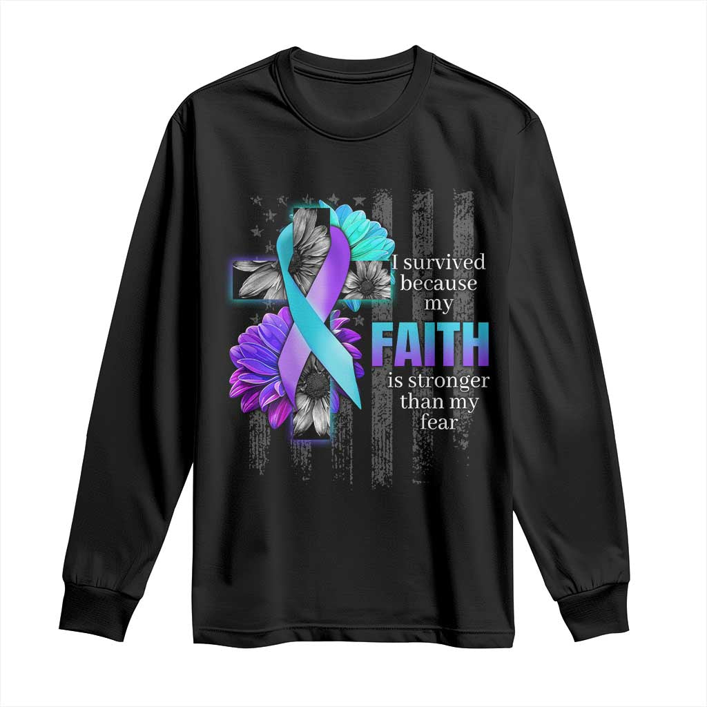 Faith Over Fear Suicide Prevention Long Sleeve Shirt Ribbon Flower USA Flag Inspirational