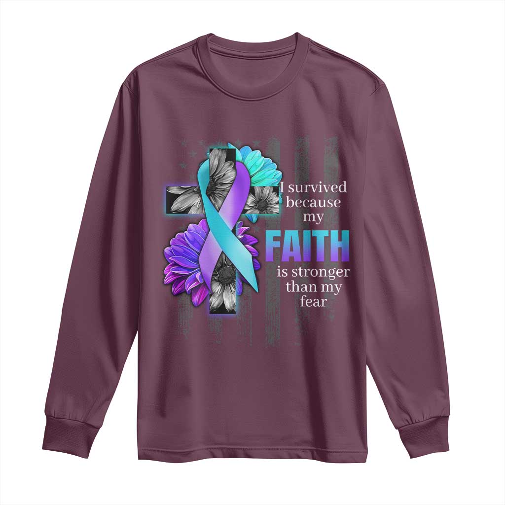 Faith Over Fear Suicide Prevention Long Sleeve Shirt Ribbon Flower USA Flag Inspirational