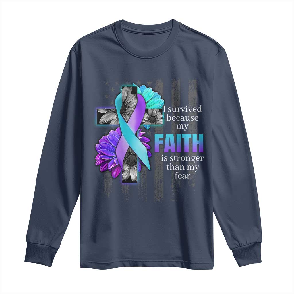 Faith Over Fear Suicide Prevention Long Sleeve Shirt Ribbon Flower USA Flag Inspirational