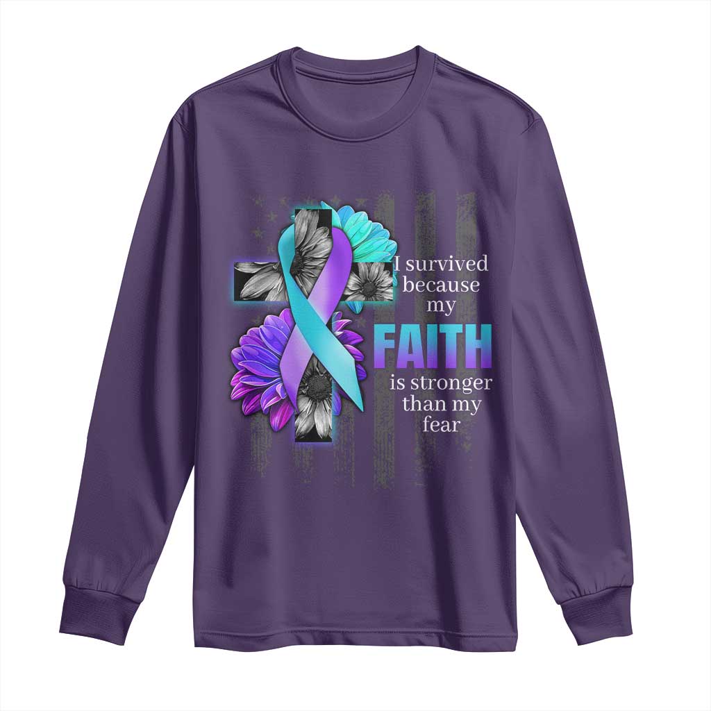 Faith Over Fear Suicide Prevention Long Sleeve Shirt Ribbon Flower USA Flag Inspirational