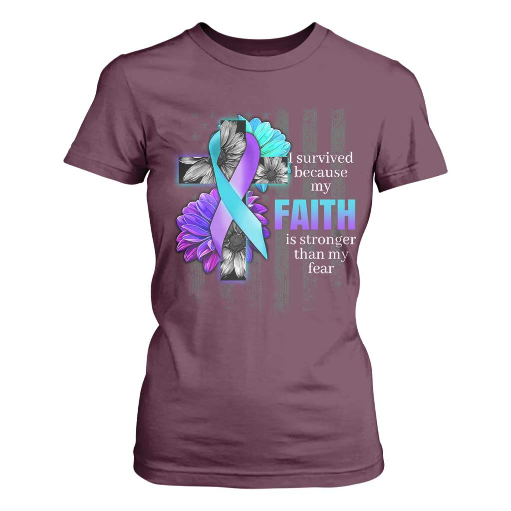 Faith Over Fear Suicide Prevention T Shirt For Women Ribbon Flower USA Flag Inspirational