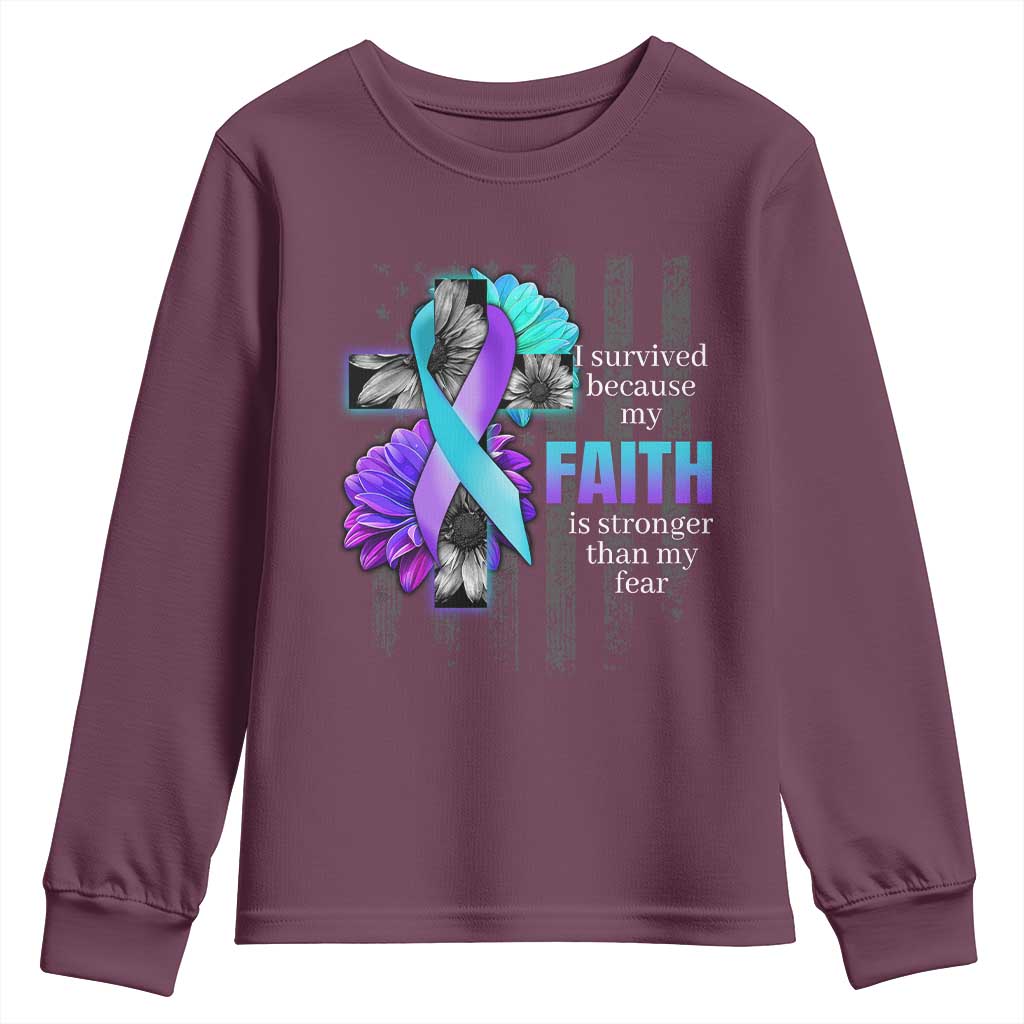 Faith Over Fear Suicide Prevention Youth Sweatshirt Ribbon Flower USA Flag Inspirational