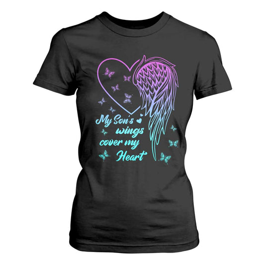 Suicide Prevention Support T Shirt For Women My Son's Wings Cover My Heart Butterfly