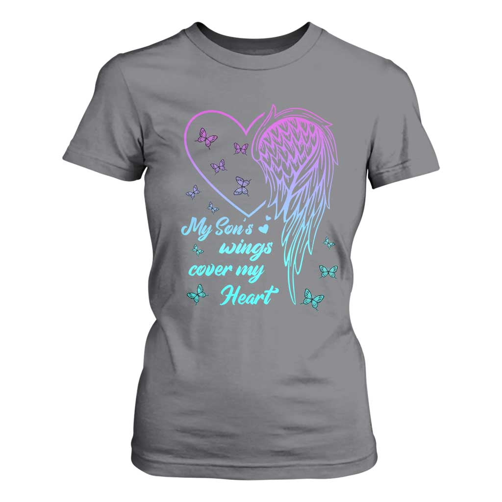 Suicide Prevention Support T Shirt For Women My Son's Wings Cover My Heart Butterfly