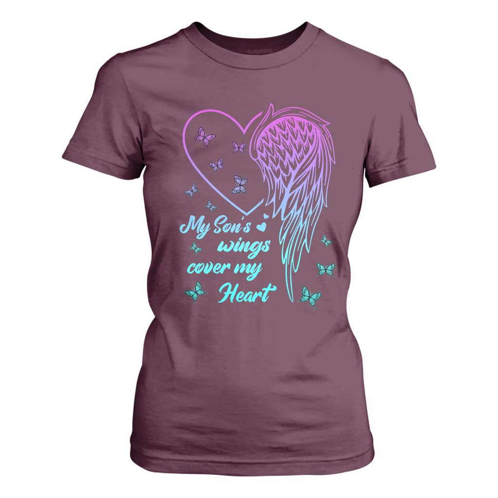 Suicide Prevention Support T Shirt For Women My Son's Wings Cover My Heart Butterfly