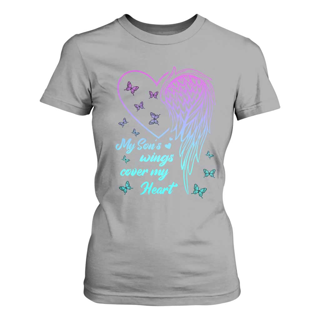 Suicide Prevention Support T Shirt For Women My Son's Wings Cover My Heart Butterfly