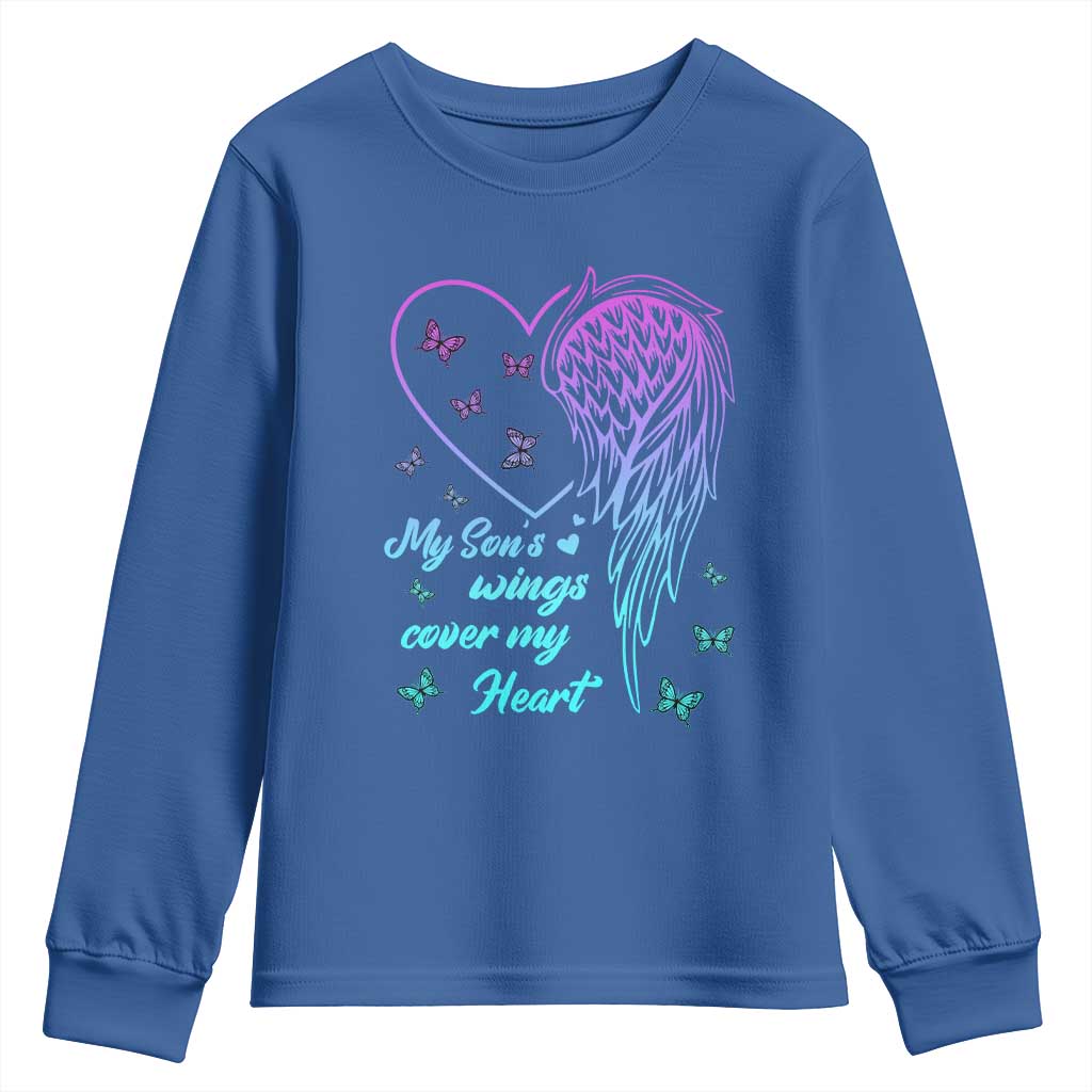 Suicide Prevention Support Youth Sweatshirt My Son's Wings Cover My Heart Butterfly