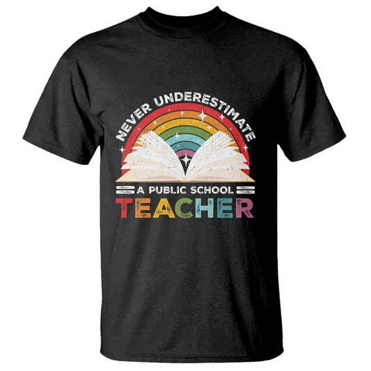 tim-walz-t-shirt-never-underestimate-a-public-school-teacher-rainbow-book