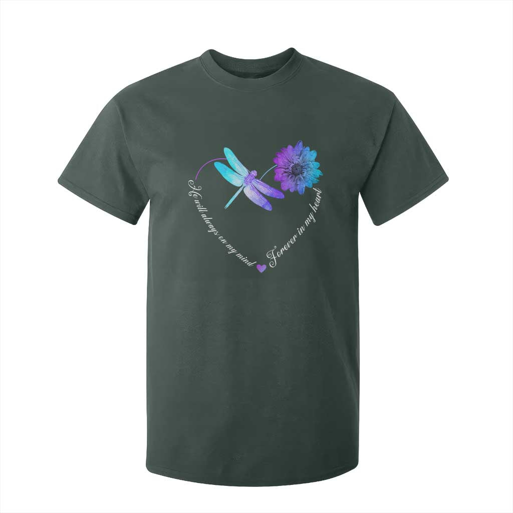 Suicide Prevention Support T Shirt For Kid He Will Always On My Mind Forever In My Heart Dragonfly Flower