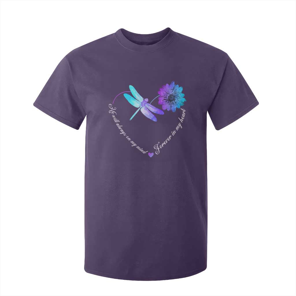 Suicide Prevention Support T Shirt For Kid He Will Always On My Mind Forever In My Heart Dragonfly Flower