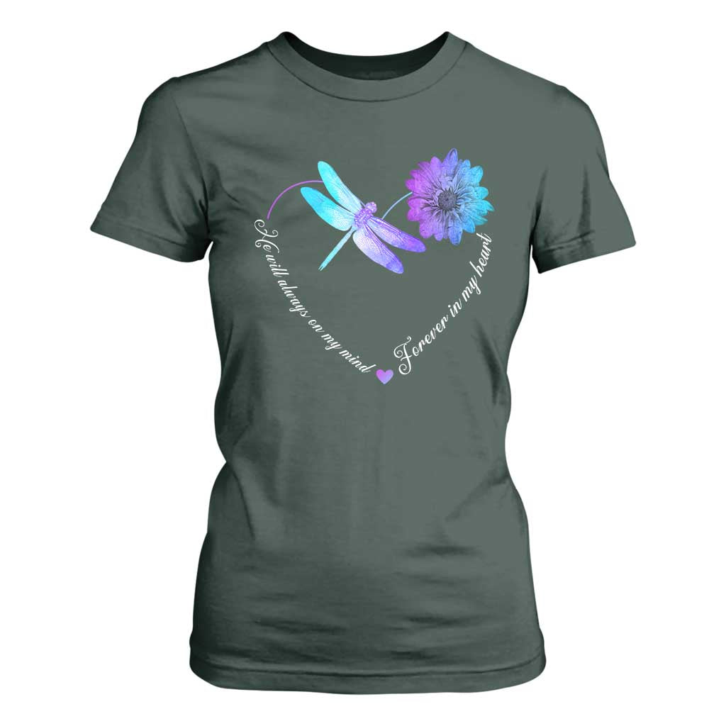 Suicide Prevention Support T Shirt For Women He Will Always On My Mind Forever In My Heart Dragonfly Flower