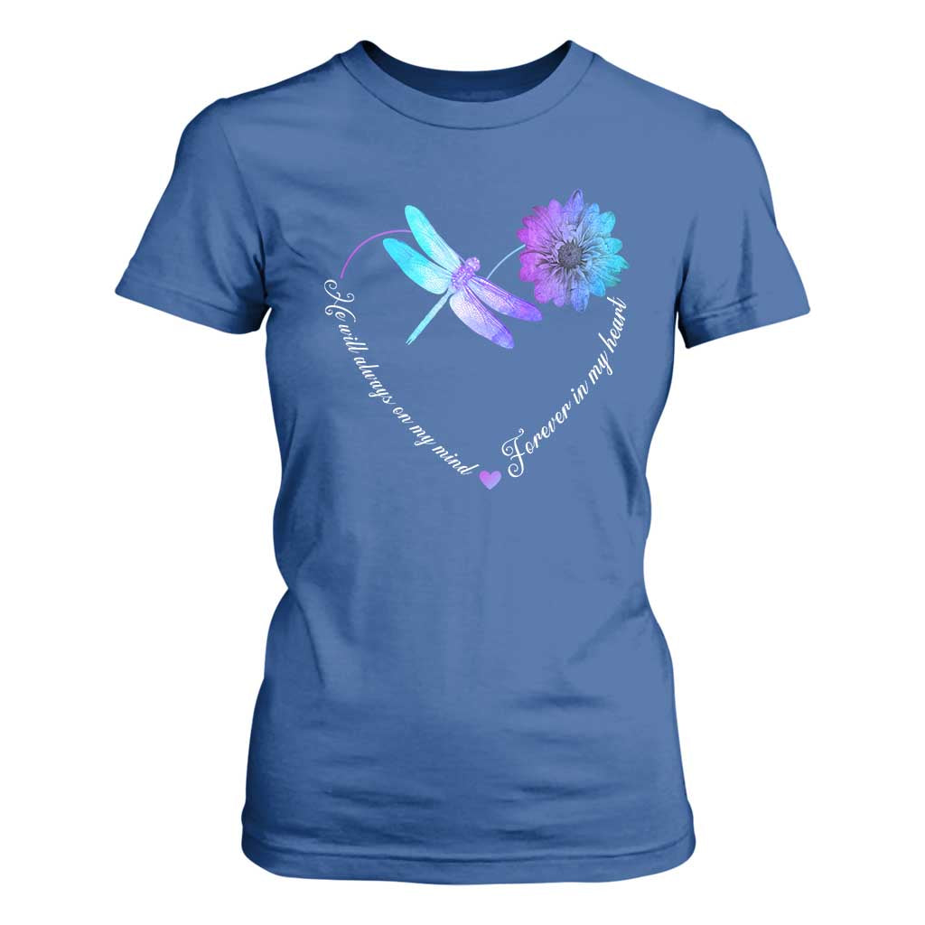 Suicide Prevention Support T Shirt For Women He Will Always On My Mind Forever In My Heart Dragonfly Flower