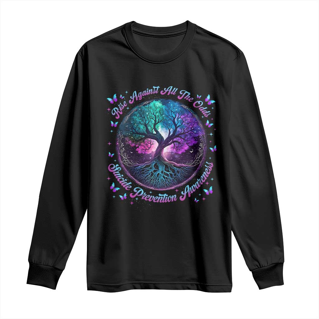 Suicide Prevention Support Long Sleeve Shirt Rise Against All The Odds Teal And Purple Tree Butterfly