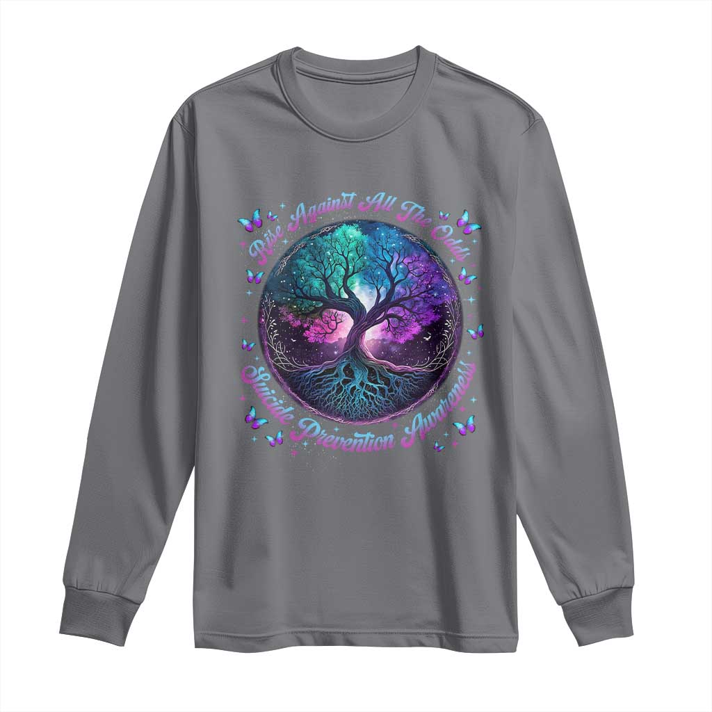 Suicide Prevention Support Long Sleeve Shirt Rise Against All The Odds Teal And Purple Tree Butterfly