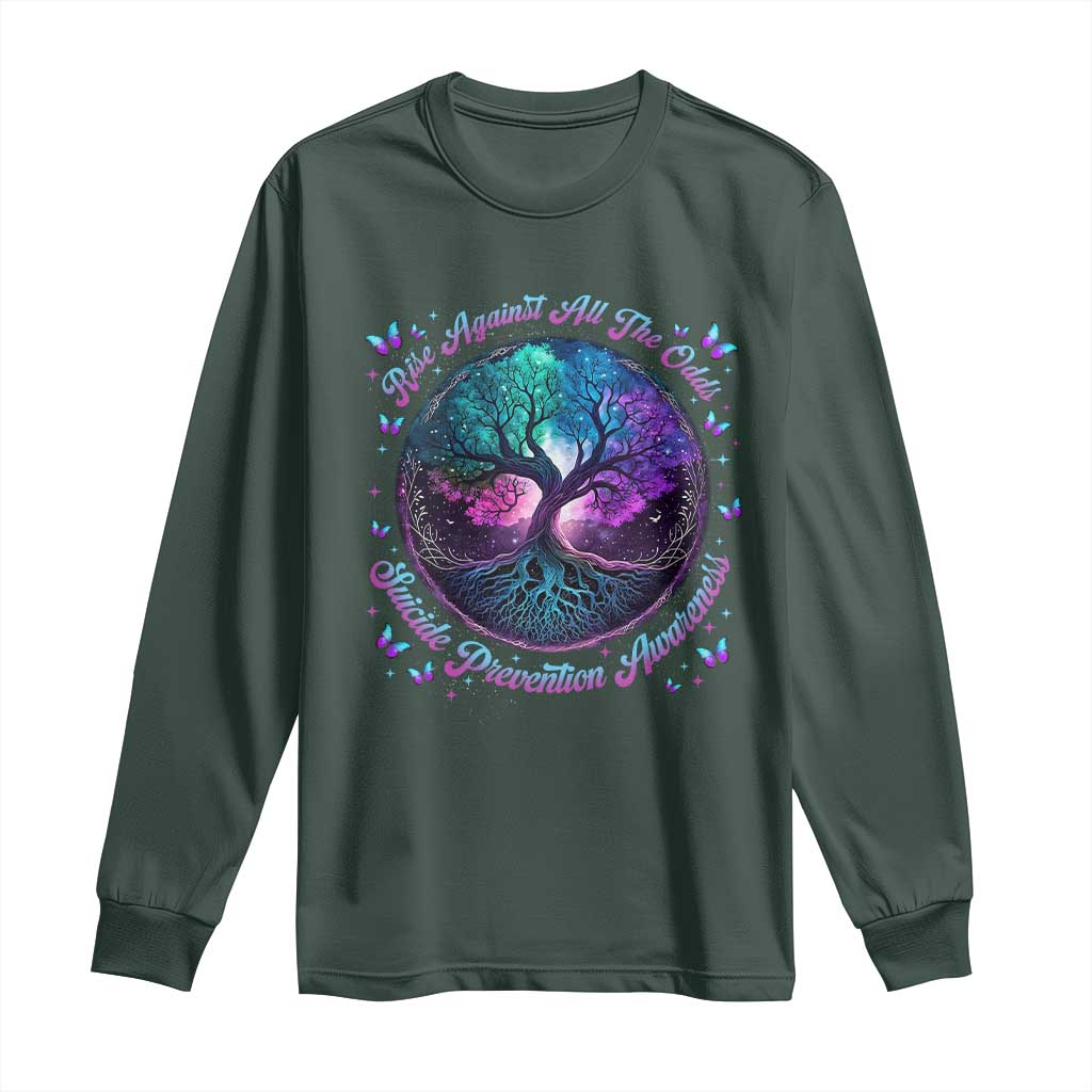 Suicide Prevention Support Long Sleeve Shirt Rise Against All The Odds Teal And Purple Tree Butterfly