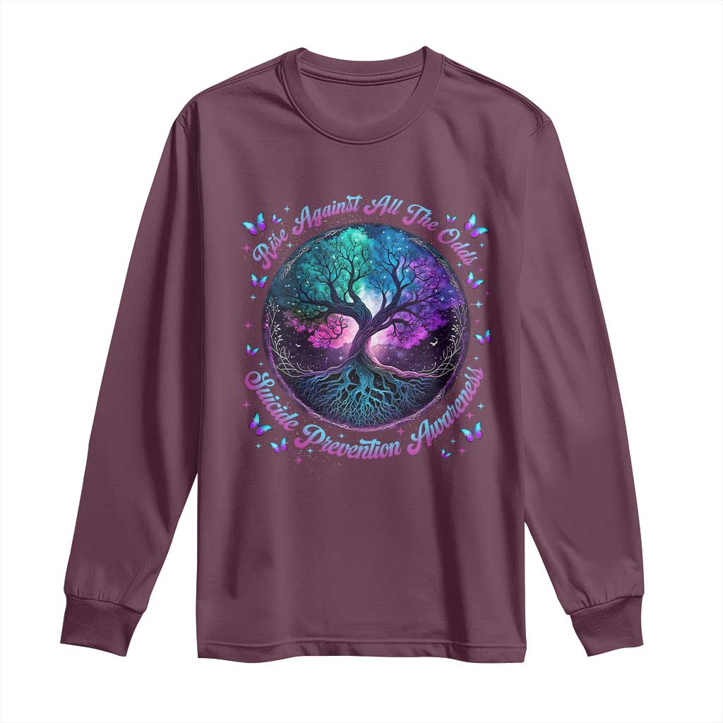 Suicide Prevention Support Long Sleeve Shirt Rise Against All The Odds Teal And Purple Tree Butterfly