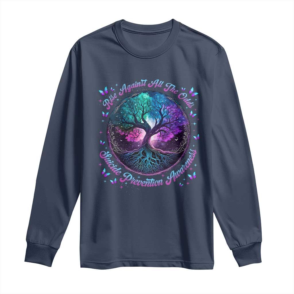 Suicide Prevention Support Long Sleeve Shirt Rise Against All The Odds Teal And Purple Tree Butterfly