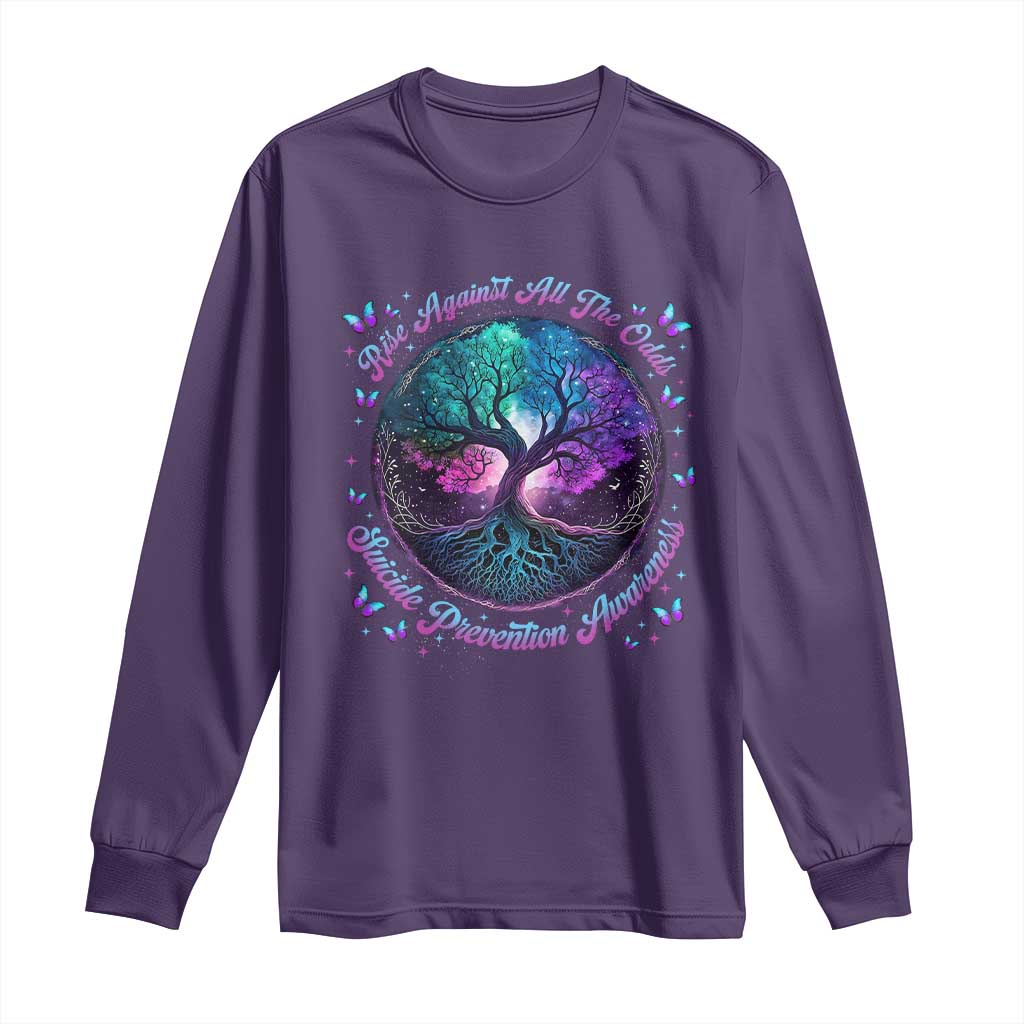 Suicide Prevention Support Long Sleeve Shirt Rise Against All The Odds Teal And Purple Tree Butterfly