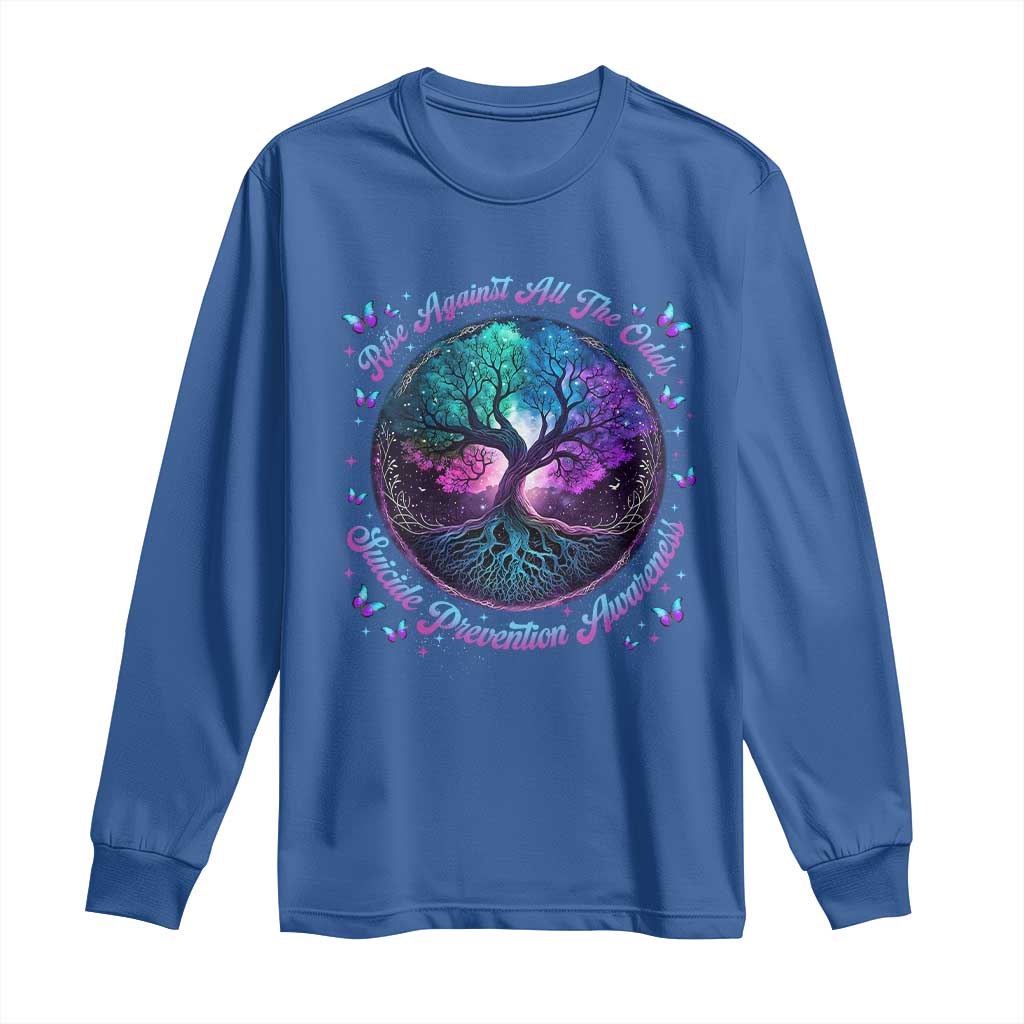 Suicide Prevention Support Long Sleeve Shirt Rise Against All The Odds Teal And Purple Tree Butterfly