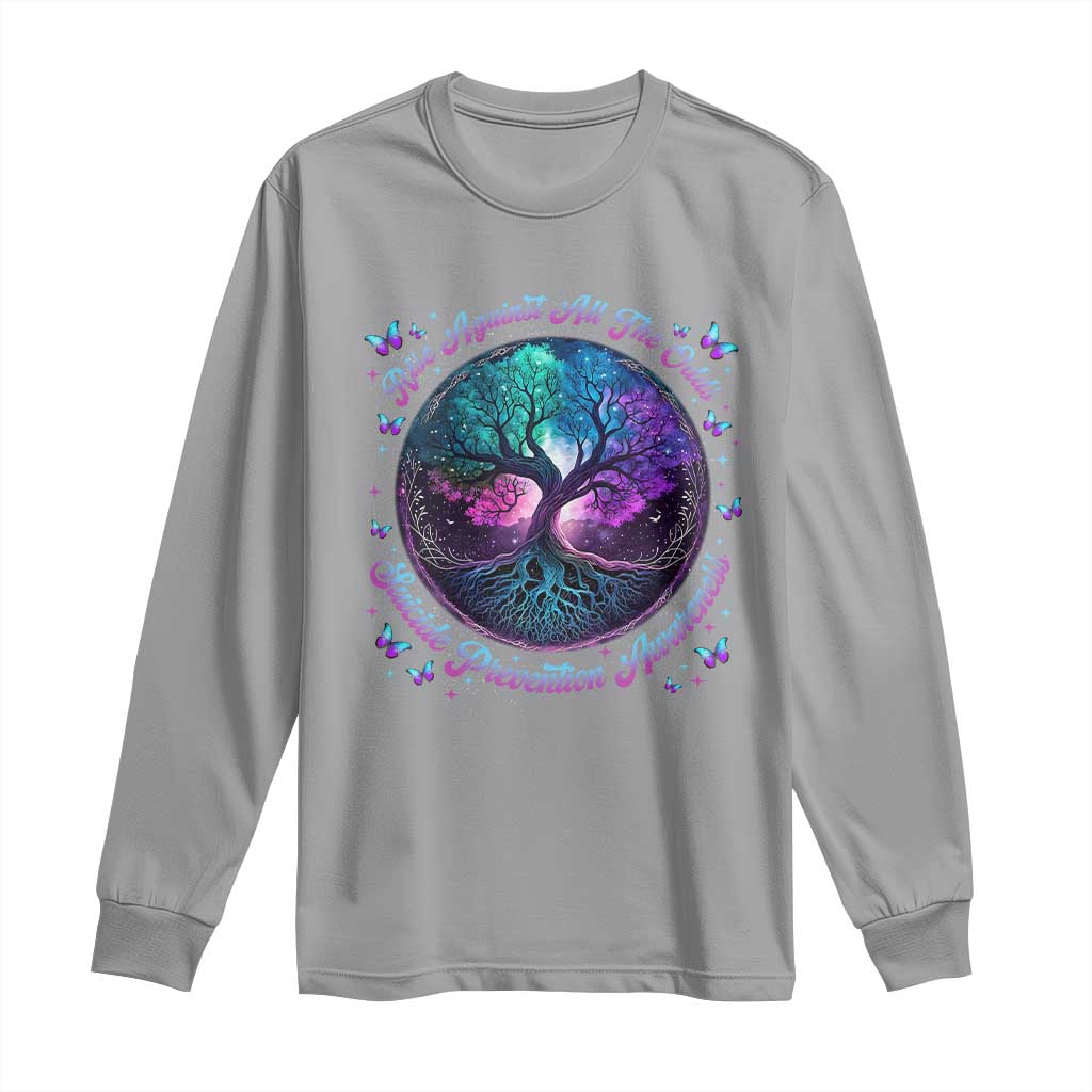 Suicide Prevention Support Long Sleeve Shirt Rise Against All The Odds Teal And Purple Tree Butterfly