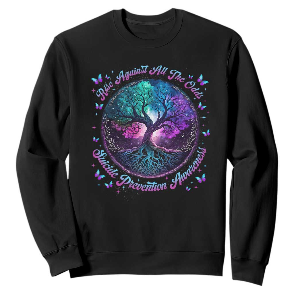 Suicide Prevention Support Sweatshirt Rise Against All The Odds Teal And Purple Tree Butterfly