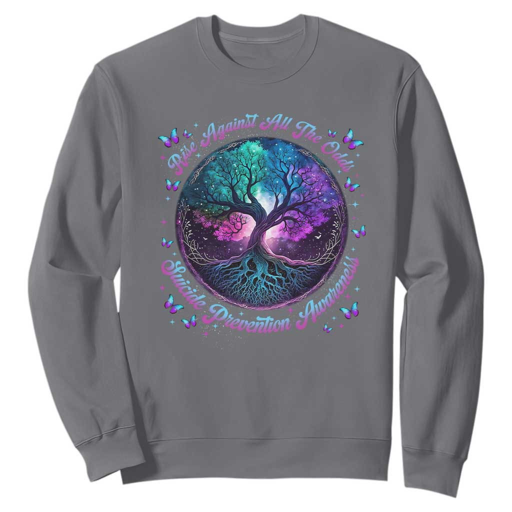 Suicide Prevention Support Sweatshirt Rise Against All The Odds Teal And Purple Tree Butterfly