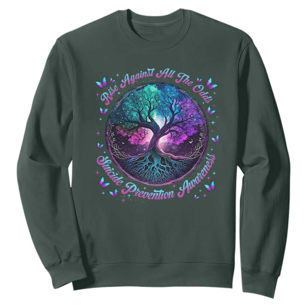 Suicide Prevention Support Sweatshirt Rise Against All The Odds Teal And Purple Tree Butterfly
