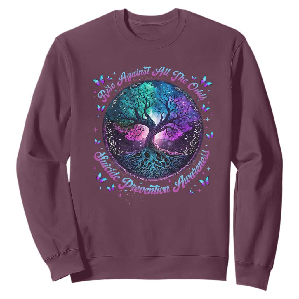 Suicide Prevention Support Sweatshirt Rise Against All The Odds Teal And Purple Tree Butterfly