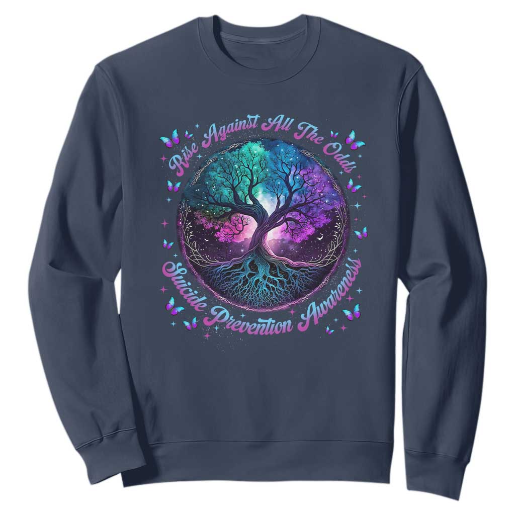 Suicide Prevention Support Sweatshirt Rise Against All The Odds Teal And Purple Tree Butterfly