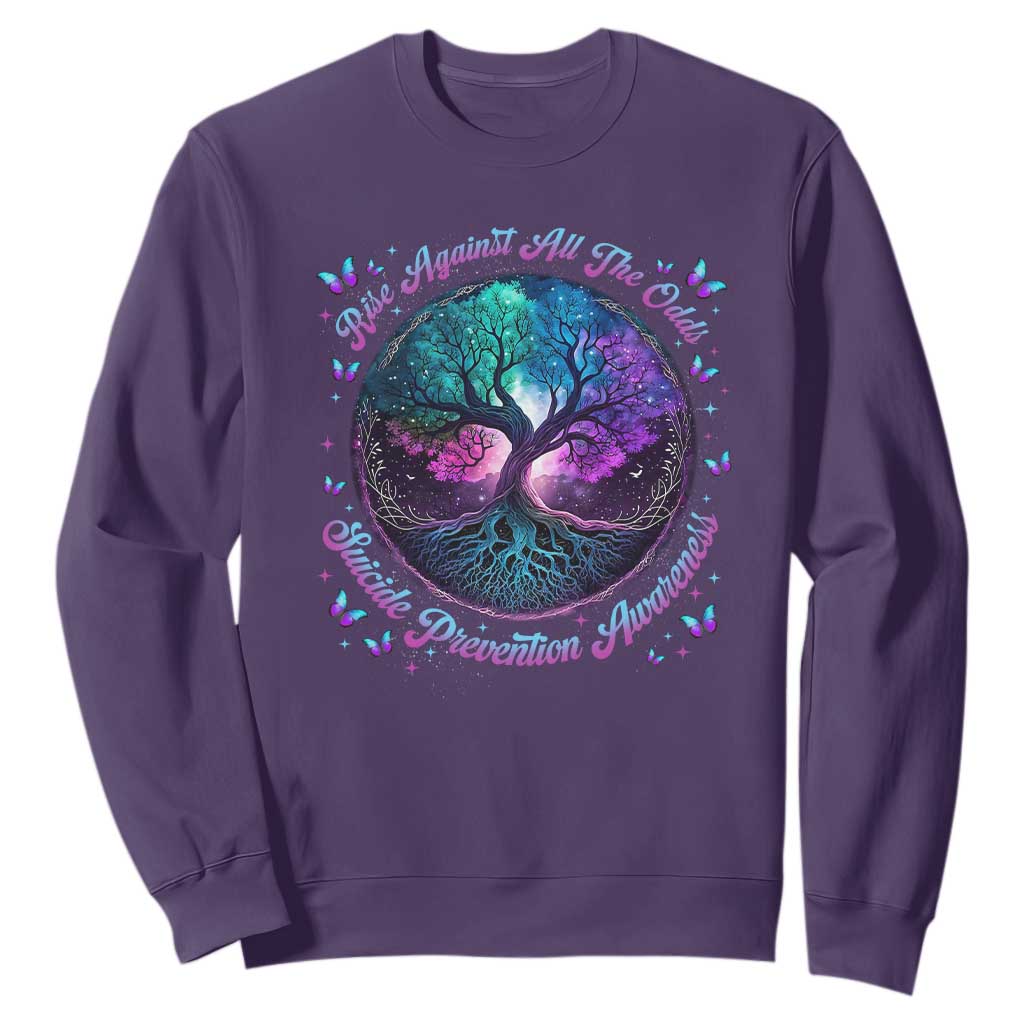 Suicide Prevention Support Sweatshirt Rise Against All The Odds Teal And Purple Tree Butterfly
