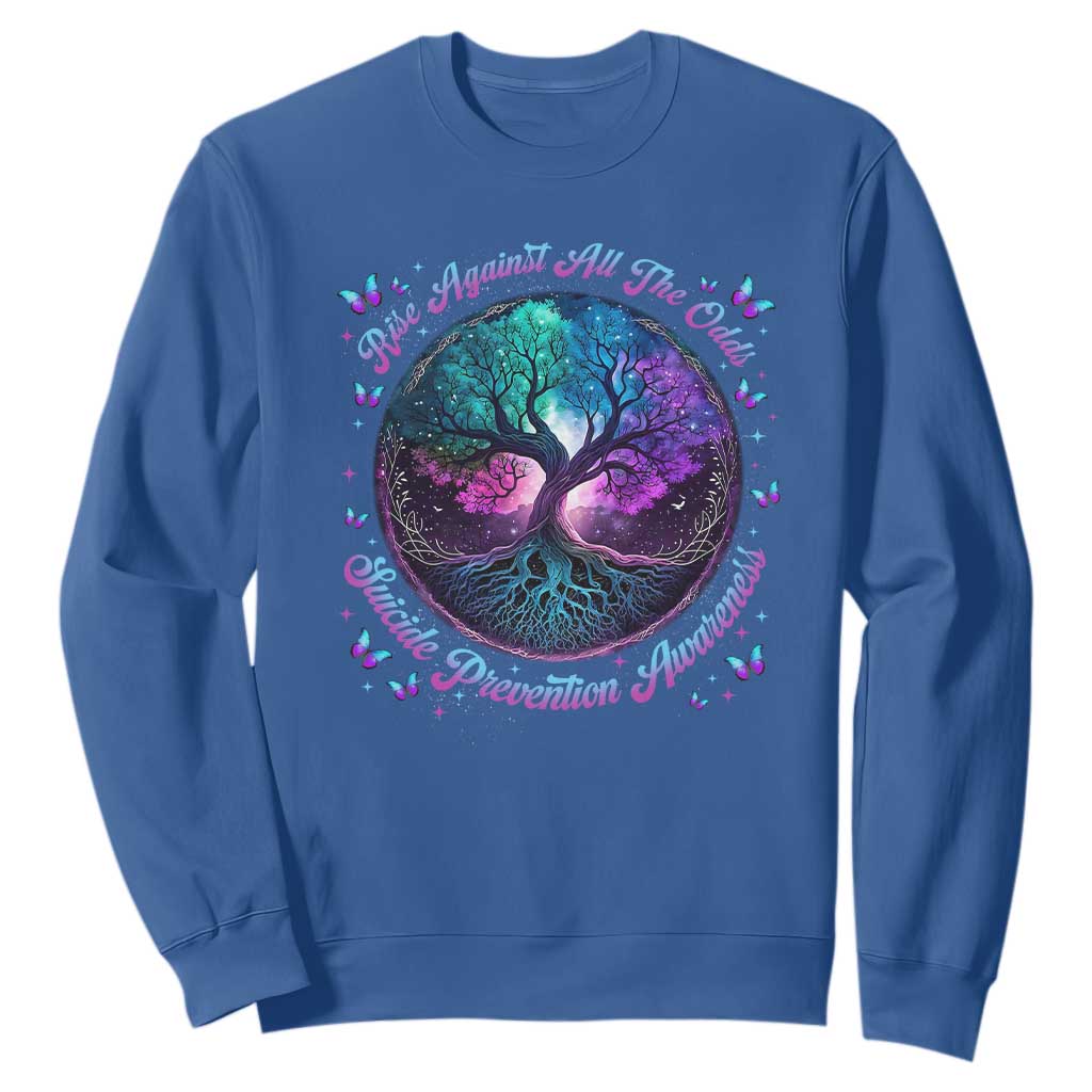 Suicide Prevention Support Sweatshirt Rise Against All The Odds Teal And Purple Tree Butterfly
